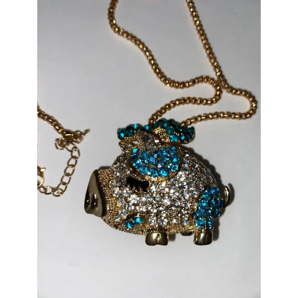 Betsey Johnson Crystal Pig Pendant Necklace NWT